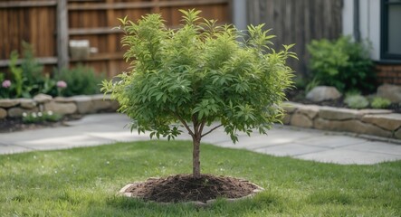 A Small Tree In The Yard with Empty Copy Space For Text