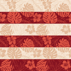 Monstera and palm leaves hibiscus flowers tropical striped wallpaper vintage vector seamless pattern for fabric shirt towel tablecloth pillow rug carpet pareo 