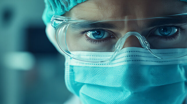 Close-up of a healthcare professional wearing protective gear, including a mask and safety goggles. - Powered by Adobe