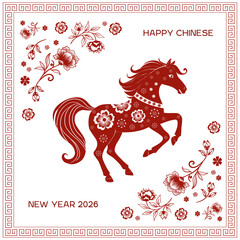 Vector festive horses with traditional ornament, lanterns and lotus for lunar chinese new year celebration. Happy new year lunar in China square card.