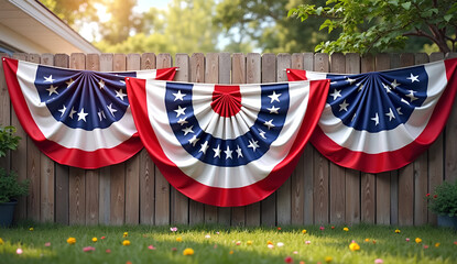 Patriotic Bunting on Fence for 4th of July Decoration
