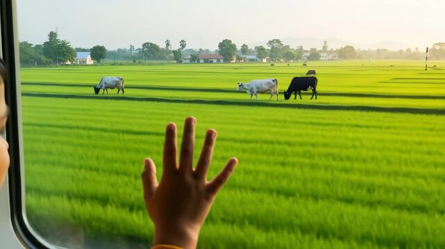 A young Indian boy in a colorful shirt by the window of a modern train, while watching vibrant green rice fields and cows. Child reaching out from train window to view cows in green field 