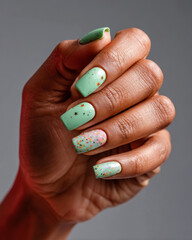 Green glitter manicure with pastel tones and gold star elements on brown skin