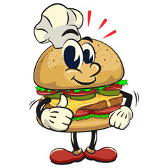 cute burger retro vektor illustration mascot character as chef give thumbs up, work of hand drawn