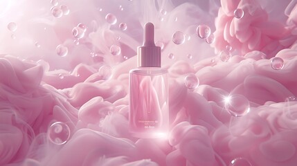 Weightless facial essence bottle mockup gently floating above a silky pink mist surrounded by swirling orbs of soft diffused light resembling celestial halos