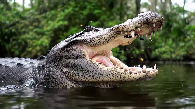 Speckled alligator open mouth in natural habitat