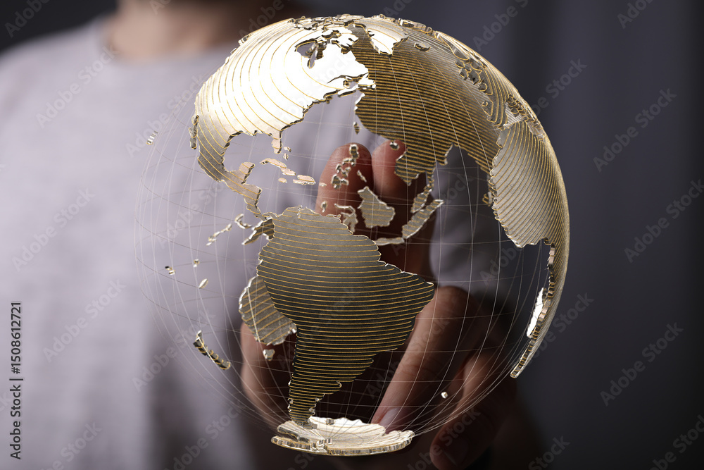 Aufkleber person's finger interacts with a digital globe, symbolizing global connections and networking.