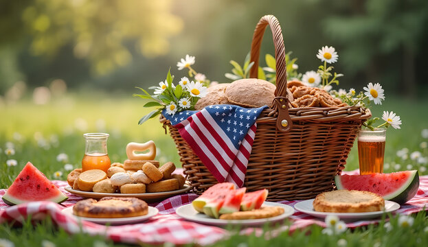 Independence Day picnic basket on green lawn with patriotic decor