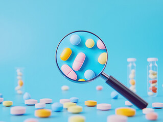 Magnifying glass revealing colorful pills on a blue surface among vials