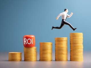 Business growth through increased ROI with running figure on coin stacks