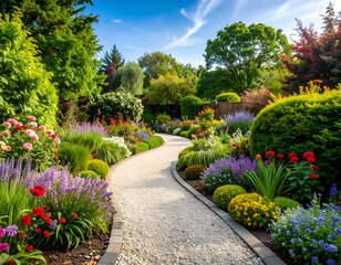 Fototapeta premium Serpentine gravel path meanders through a vibrant, flowering garden, showcasing diverse plants and lush greenery under a bright summer sky