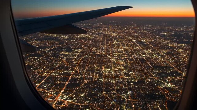 Stunning aerial view of city lights at night from airplane window