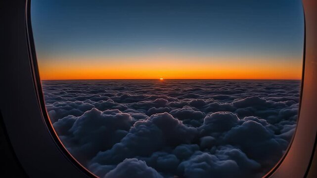 Stunning cloud panorama at sunrise or sunset seen through airplane window