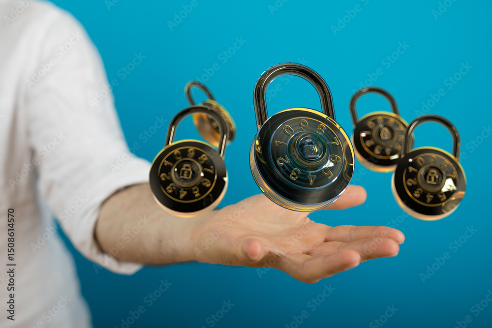 Poster Image of multiple combination locks floating above a hand, symbolizing data security and protection.