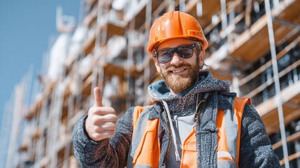 Construction worker gives a thumbs-up at construction site. He's wearing a helmet and safety vest. Building is in progress with scaffolding.