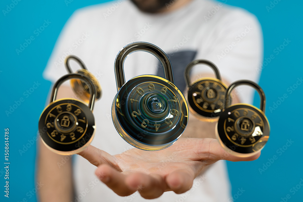 Poster Image of hands holding multiple combination locks, symbolizing data security and protection.