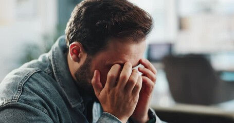 Man, headache and stress in office, worry and frustrated with pressure, anxiety or deadline at company. Person, migraine and tired on sofa, fatigue and mental health with burnout at creative agency - Powered by Adobe