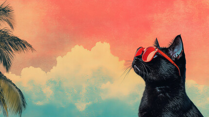 Stylized black cat wearing retro sunglasses with colorful backgrounds, sunset skies, and a playful vintage aesthetic

