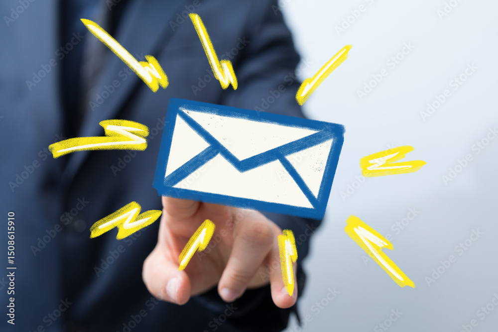 Poster image of a businessman digitally sending an email, symbolizing urgent communication and fast deliver