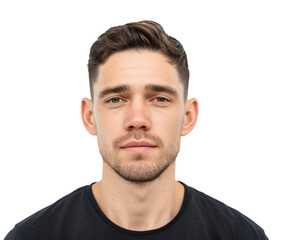 Fototapeta premium Confident man in black t-shirt showcasing modern style and attitude on a transparent background, cut out