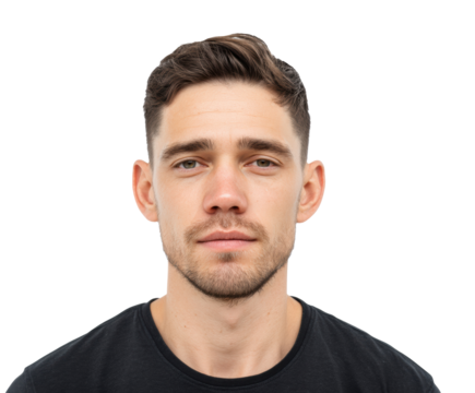 Confident man in black t-shirt showcasing modern style and attitude on a transparent background, cut out
