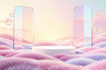 Pastel podium in surreal fluffy landscape with transparent arches and bubbles, soft dreamy lighting, fantasy background, concept of futuristic elegance, Ai generative