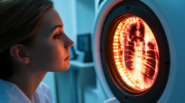 Medical Professional Examining X-Ray on Illuminated Viewer