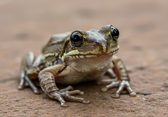 Obraz premium Close-up of a small frog, light brown and tan, sitting on a terracotta-colored surface