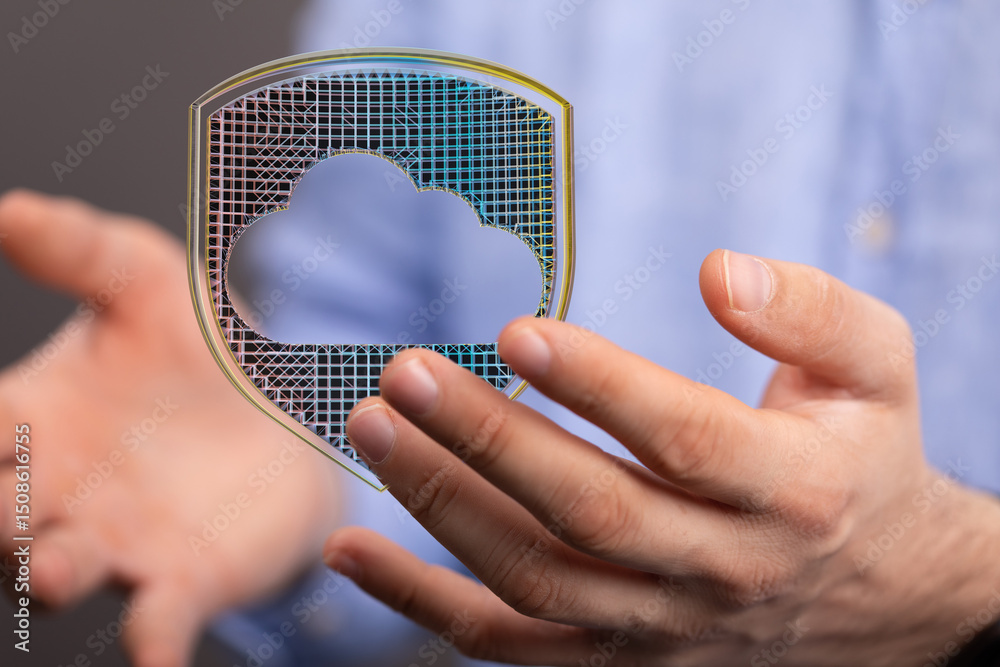 Aufkleber Image of hands holding a digital shield protecting a cloud, symbolizing secure cloud computing and data protection.