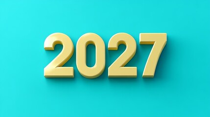 3D Rendering, Bold Yellow Numbers 2027, New Year Concept, Teal Background Illustration.