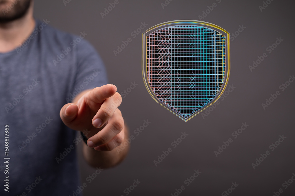 Poster hand reaching for a digital shield, symbolizing online security and data protection.