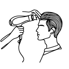Hairdryer being used on man's hair in single line outline vector style