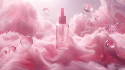 Weightless facial essence bottle mockup gently floating above a silky pink mist surrounded by swirling orbs of soft diffused light resembling celestial halos