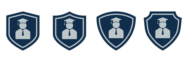 Education Security Badge Icons. Graduation Cap and Shield Set in Blue and Gray. Academic Emblem Collection for Certification, Learning Safety and School Protection Concepts.