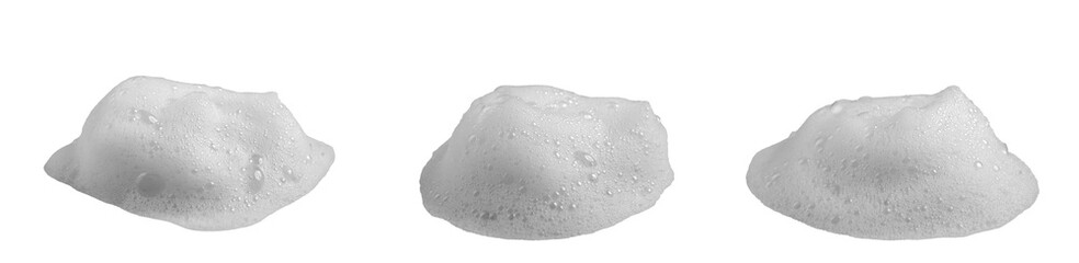 Abstract soap bubbles. Set of soap bubbles. Shampoo or shower gel. Separate soap bubbles on white background with texture and contrast background.