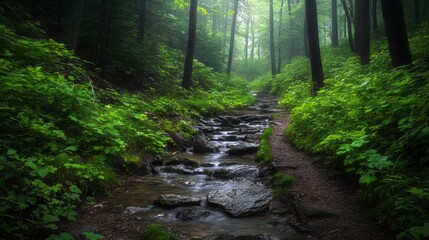 Obraz premium Misty Forest Stream Winding Through Lush Green Foliage
