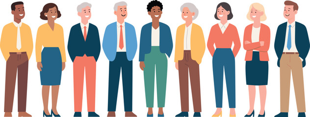 Diverse business team of professionals standing together in office environment, showcasing teamwork, leadership, collaboration, and corporate success concept, flat vector illustration