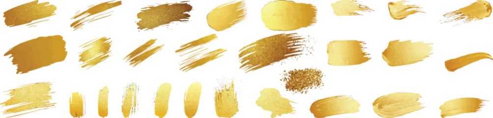 Gold Paint Brush Strokes Vector Set on White Background