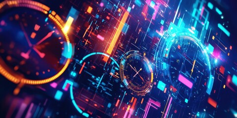 Abstract Futuristic Time Concept with Glowing Clocks and Digital Data Streams in Neon Colors