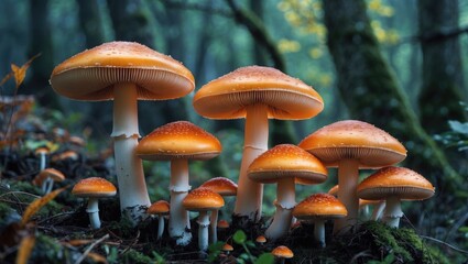 Champagne Orange Mushrooms Live Together As A Group in Damp Woods.