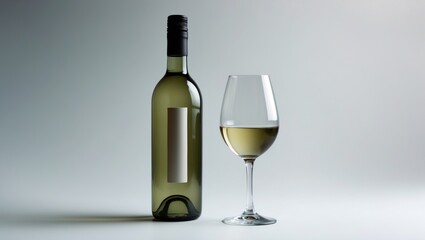 A slender bottle of white wine next to a filled glass, both on a white background.