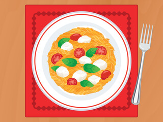 Fusilli pasta alla Caprese on a plate top view vector illustration. Fusilli pasta with tomato, mozzarella cheese and basil leaf on a wooden table above view vector