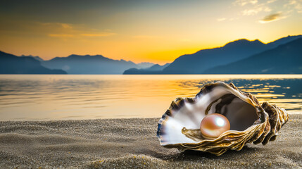 Obraz premium A stunning sunset over tranquil waters, featuring an open shell with a lustrous pearl perched on the sandy shore.
