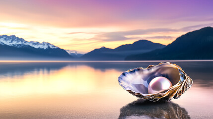 A tranquil sunset over the mountains, with a beautiful oyster shell holding lustrous pearls on the shore.