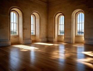 Fototapeta premium Sunlit Empty Room With Arch Windows And Wooden Floors