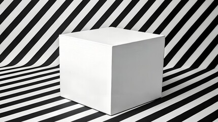 Zebra Gazing at White Cube Against Black and White Striped Background
