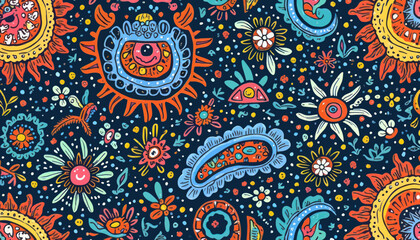 Colorful Floral Seamless Pattern with Sun and Star Motifs