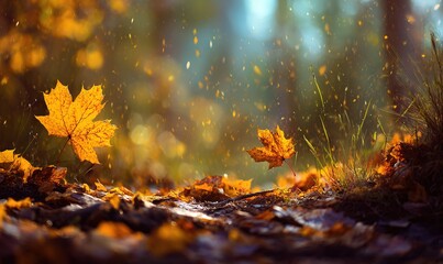 Autumn Leaves Falling In Forest