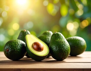 Ripe avocados on wooden surface, sunlit background
