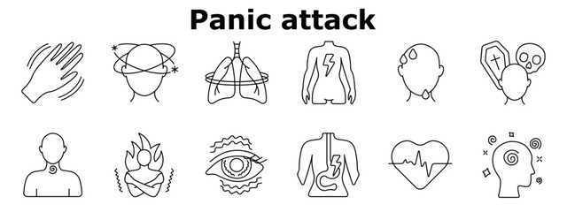 Panic attack set icon. Dizziness, trembling, chest pain, nausea, sweating, suffocation, fear, disorientation, hot flashes, rapid heartbeat, blurred vision, mental confusion.